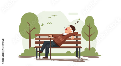 Senior Man Napping On Park Bench Peacefully Enjoying Retirement Freedom
