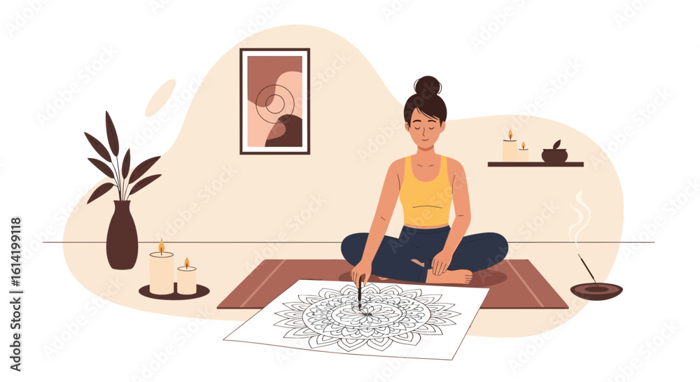 Obraz premium Serene Woman Creating Mandala Art In Relaxing Home Studio Environment