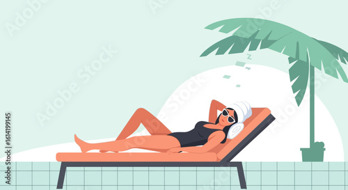 Serene Woman Relaxing On Deck Chair Under Palm Tree For Vacation