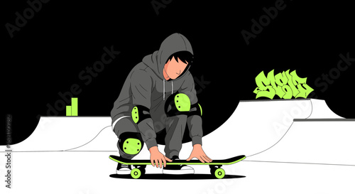 Skateboarder Ready To Ride At The Skatepark In Urban Environment Illustration