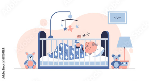 Sleeping Baby In Crib Vector Illustration In Minimalist Style Design