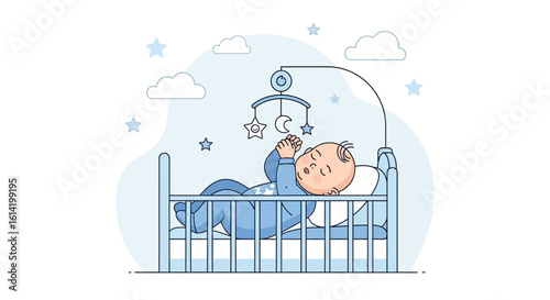 Sleeping Baby With Mobile Above Crib Surrounded By Clouds And Stars Design