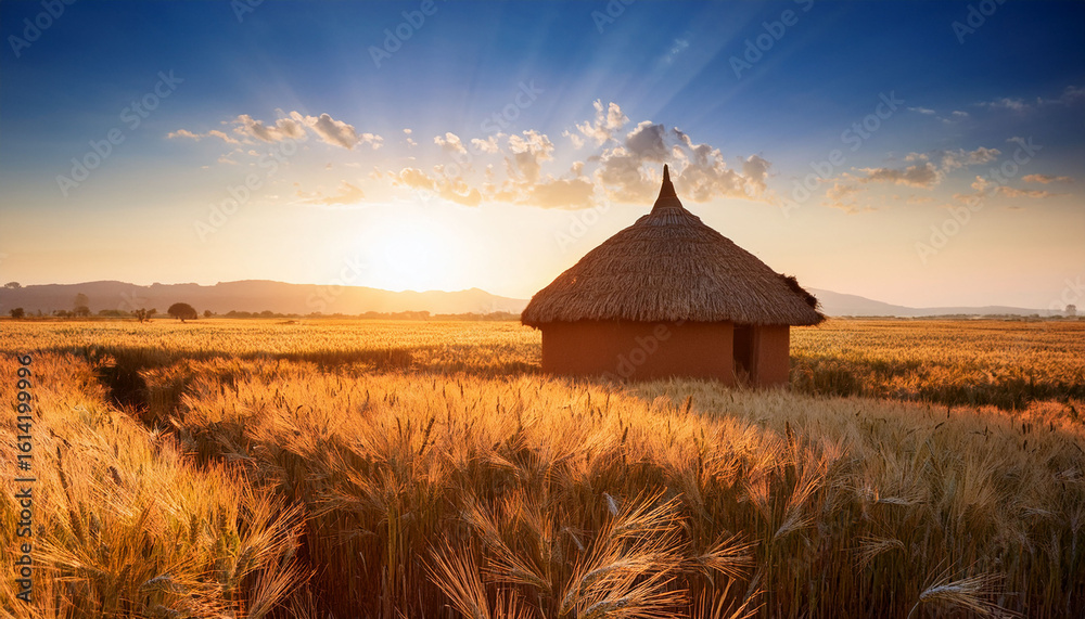 traditional african mud hut in wheat field at sunset