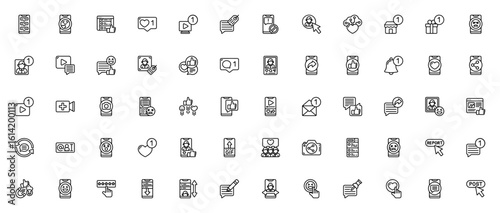 Social Media Interactions icon set. Vector icons pack for Mobile, Love, Browser, Notification, Message, Profile, Video, Share, Like, and more. Editable thin line web symbols.