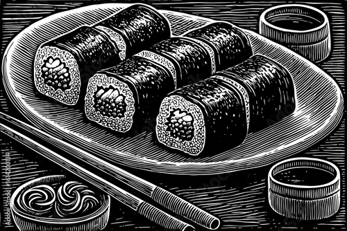 Japanese sushi rolls with salmon, avocado, rice, seaweed, chopsticks, wasabi and soy sauce beautifully drawn in black and white line art illustration for Asian food branding and restaurant menus