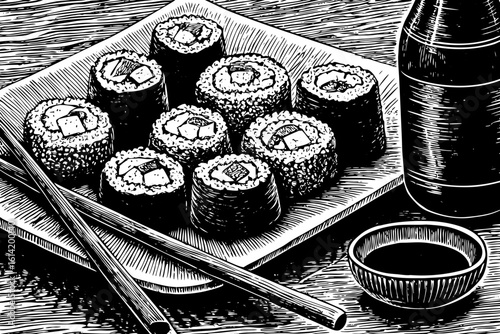 Japanese sushi rolls with salmon, avocado, rice, seaweed, chopsticks, wasabi and soy sauce beautifully drawn in black and white line art illustration for Asian food branding and restaurant menus