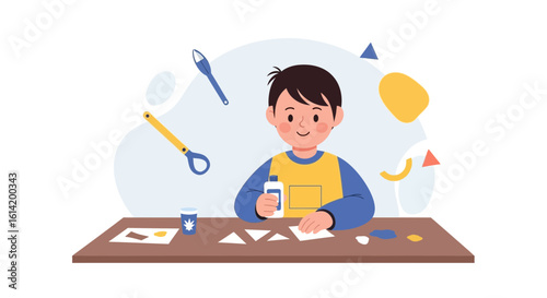 Smiling Young Boy Creating Colorful Paper Crafts At Home Education