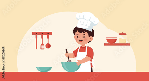 Smiling Young Boy Imagines Himself As Head Chef Preparing Delicious Culinary Delights
