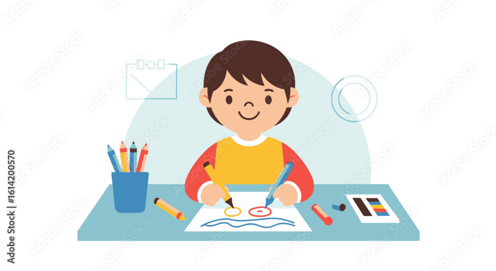 Young Artist Engaged In Drawing Creative Artwork With Markers At His Table Young Artist Engaged In Drawing Creative Artwork With Markers At His Table