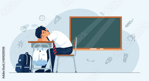 Student Exhaustion After Long Studying Day In Classroom Illustration