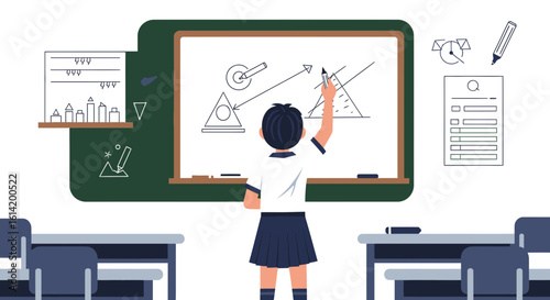Student Explaining Light Refraction Diagram in Class Drawing on the Board