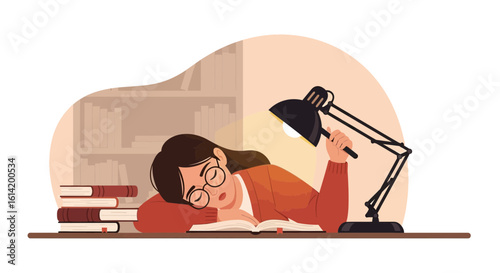 Student Fell Asleep While Studying Books In Her Room Illustration Design