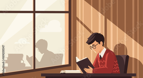 Student Focused On Study In Natural Light From A Window Reads A Book