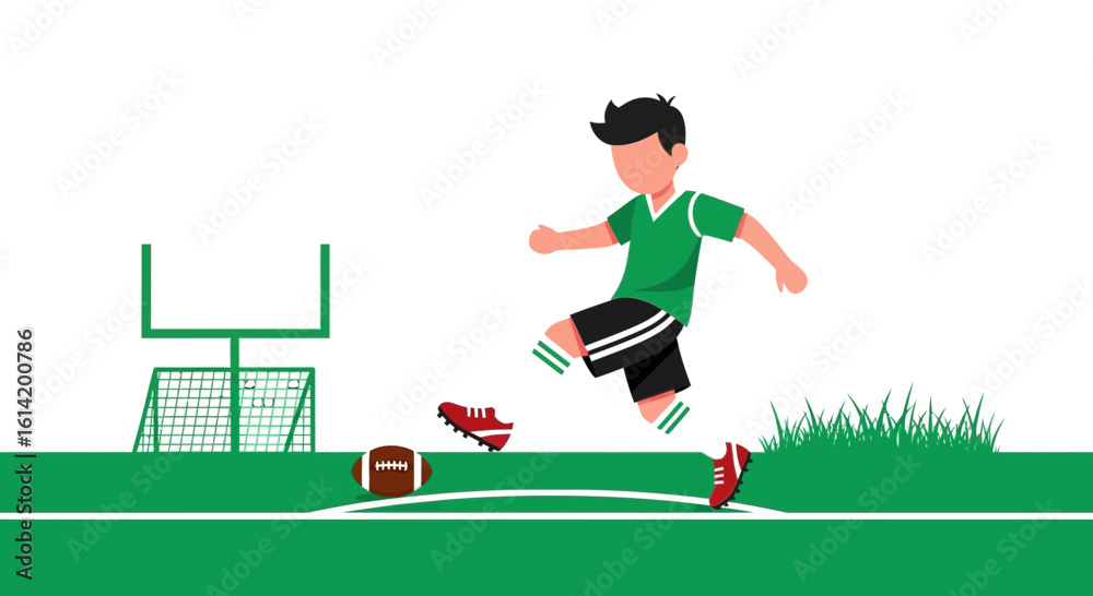 Fototapeta premium Young Athlete Practicing American Football Kicks On The Field With Goal Post