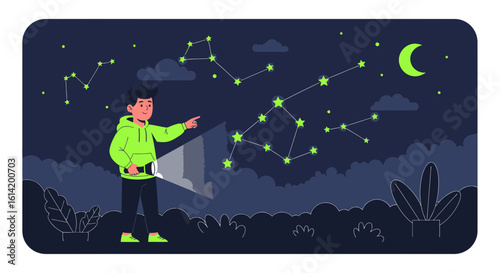 Young Astronomer Exploring Night Sky Constellations With Flashlight Illustration