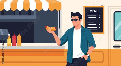 Stylish Guy Enjoys Hotdog From Concession Stand On Relaxed Lunch Break