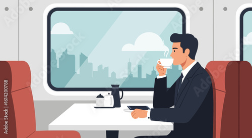 Stylish Businessman Enjoys Coffee Break Traveling By Train With City Views