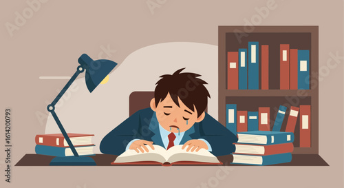 Student Studying Hard Overwhelmed with Fatigue Exhausted with Books Before Exams
