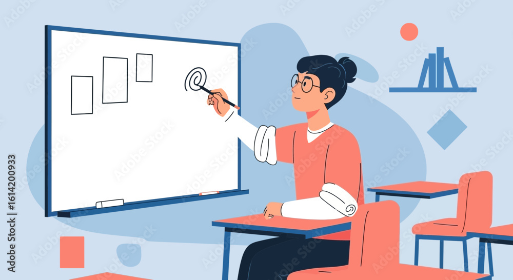Fototapeta premium Teacher Explaining Chart Concepts on Whiteboard Inside Classroom Illustration