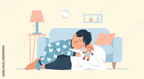 Sweet Dreams Young Boy Napping With Plush Toy On Couch Afternoon Relaxation