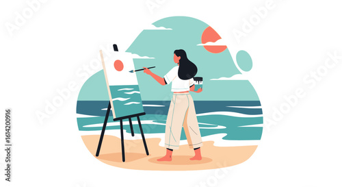 Young Woman Creates an Ocean Painting on the Beach with Easel And Brushes
