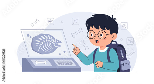 Young Boy Attends Museum Exhibition And Points A Fish Fossil Illustration
