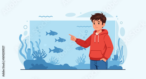 Young Boy Admiring Exotic Fish Swimming in a Colorful Home Aquarium