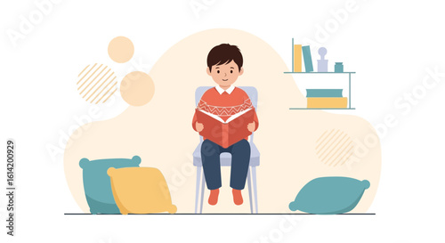 Young Boy Absorbed In Reading Storybook At Home With Pillows Around