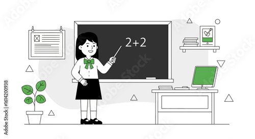 Teacher Explaining Basic Math Concept in The Classroom Outline Illustration