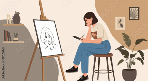 Young Woman Creates Portrait Using Digital Tablet At Her Living Space