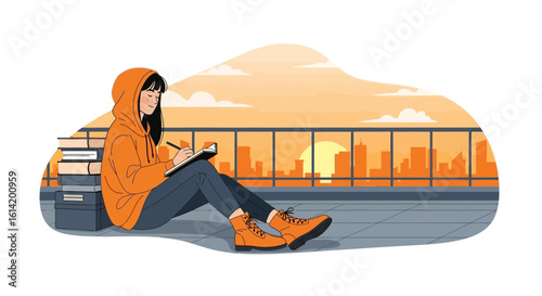 Young Woman Doodling In Her Notebook While Sitting On A Rooftop Overlooking The City