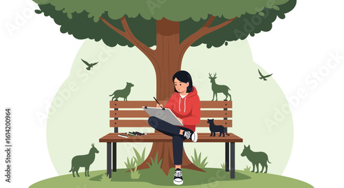 Young Woman Drawing Animals in the Park While Sitting on a Bench