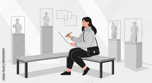 Young Woman Drawing Art Inside Museum With Classical Sculpture Exhibits