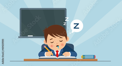 Tired Pupil Napping At School While Sitting In Front Of Blackboard