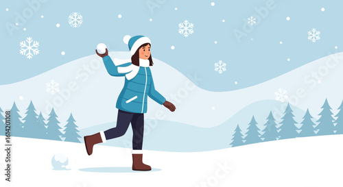 Young Woman Enjoys Playing Snowball Fight On A Winter Holiday Outdoors