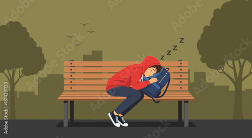 Tired Student Sleeping on a Park Bench with Backpack After School Exhaustion