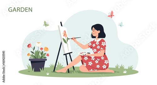 Young Woman Immersed In Artistic Expression In Summer Garden Drawing Flowers