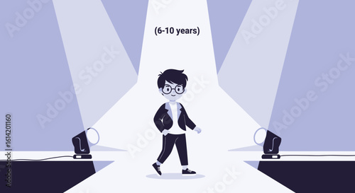 Young Boy Walking Fashionably Under Spotlight In a Catwalk Show For Kids