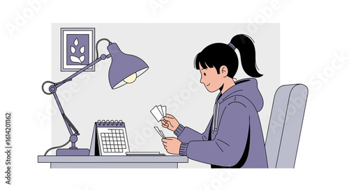 Young Woman Organizes Business Cards And Scheduling Under Desk Lamp At Home