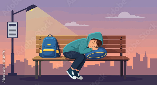 Tired Student Taking an Evening Nap on a Park Bench Near Cityscape
