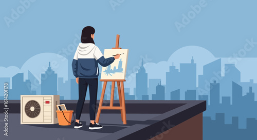 Young Woman Painting Cityscape Scene On Rooftop At Daytime Hobby Leisure