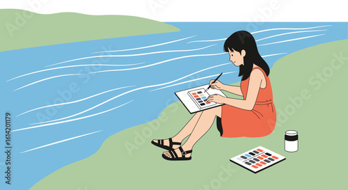 Young Woman Painting Nature Outdoors Next to Riverbank for Creative Expression
