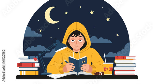 Tired Student Studying Late At Night Preparing For Exams In The Dormitory