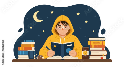 Tired Student Studying Late At Night With Books And Coffee Illustration