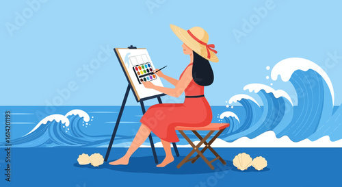 Young Woman Painting Ocean Waves on Canvas During Summer Vacation Time