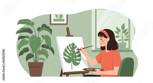 Young Woman Painting Monstera Leaf, Creative Expression, Indoor Hobby