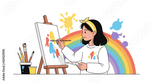 Young Woman Painting On Canvas With Rainbow In Art Studio Scene