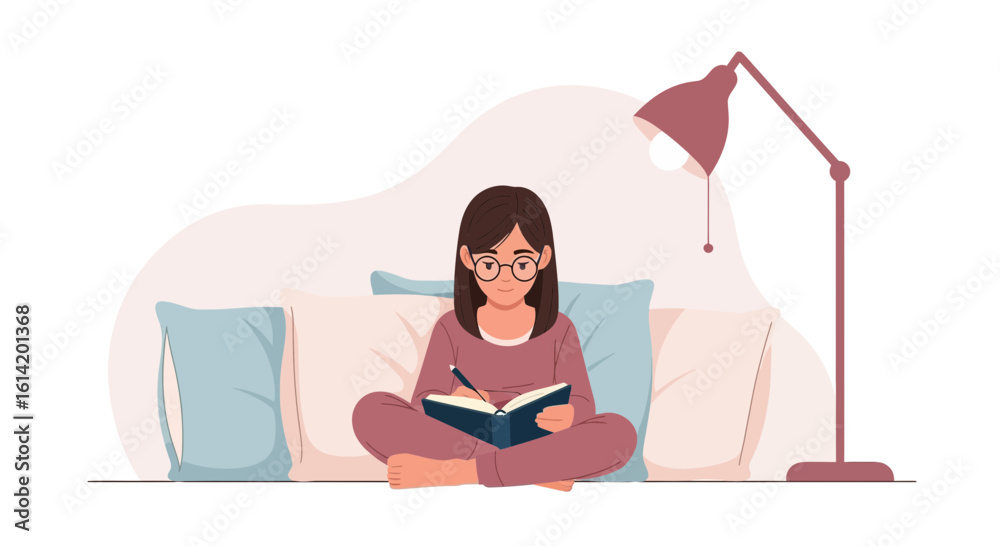 Obraz premium Young Woman Relaxing at Home Writes in Her Diary Under the Lamplight