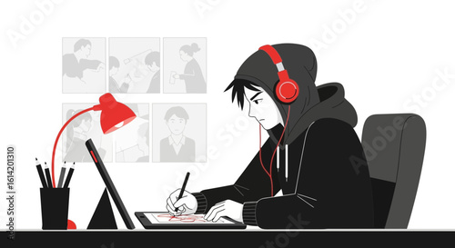 Young Digital Artist Creates Storyboards With Graphic Tablet And Headphones On