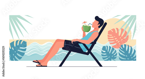 Tropical Getaway Man Relaxing on Beach Enjoying Coconut Drink And Palms